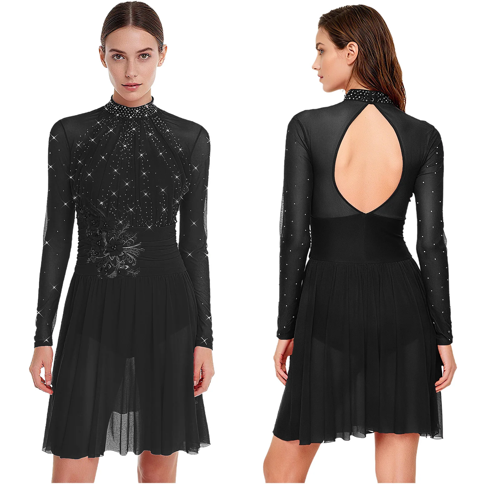 Robe de danse de patinage artistique pour femmes, Costumes de danse lyrique de Ballet de gymnastique, broderie appliquée de strass, robe à manches longues