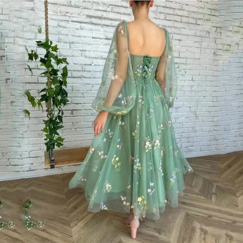 Customized Fairy Forest Green Lace Prom Party Dresses Puffy Sleeves Colorful Flowers Formal Gowns Ankle Length Evening Gown