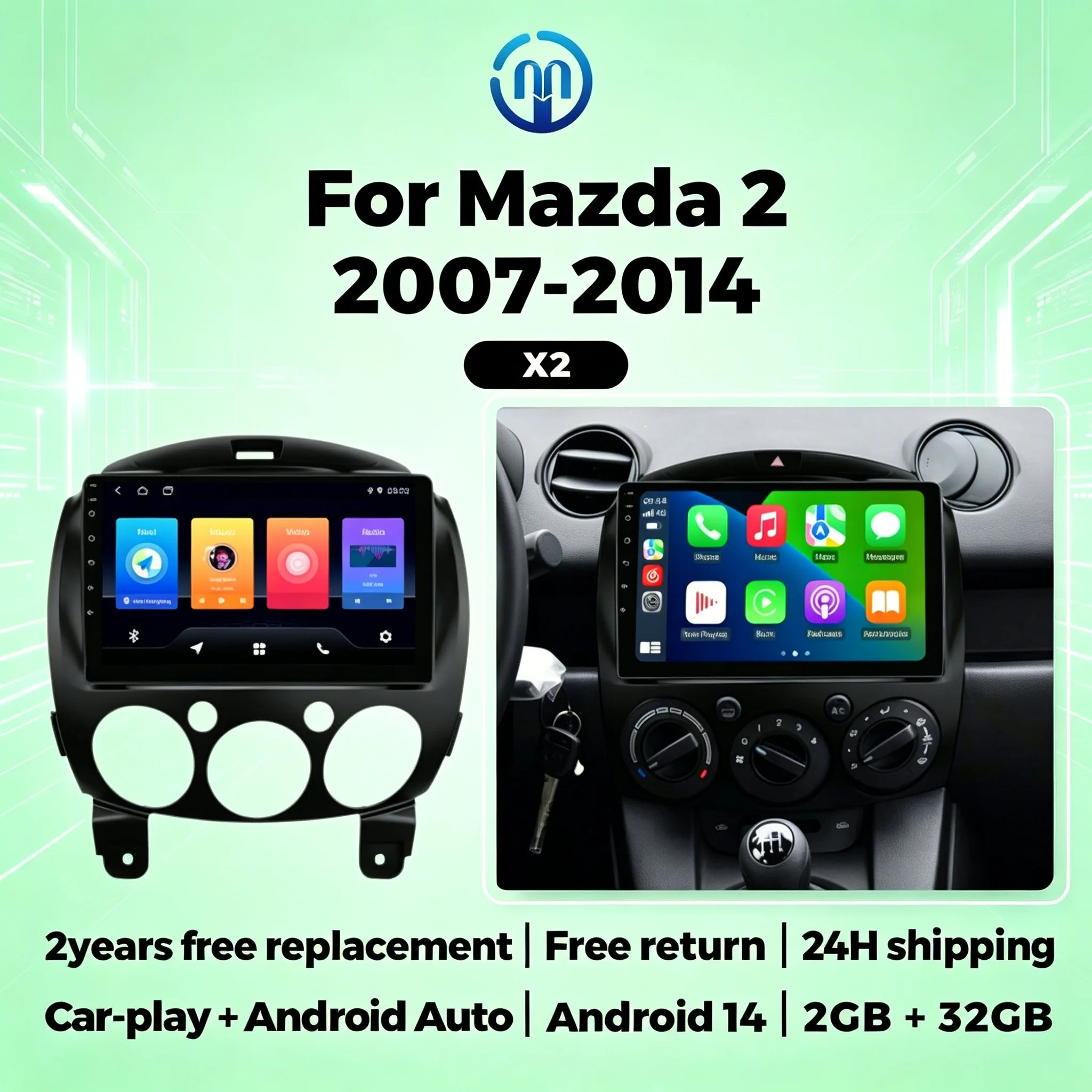 

2 Din 10-дюймовый автомобильный мультимедийный проигрыватель с поддержкой CarPlay и Android Auto для Mazda 2 2007-2014, GPS-навигатор, FM-радио, головное устройство