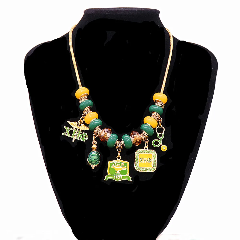 New Arrival Stylish European Styles Green Yellow Big Holes Beads Greek XHO Sorority Caduceus EST 1932 Chi ETA Phi Necklaces