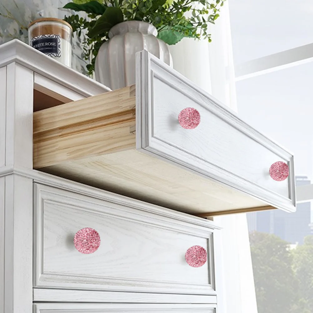 

1Set Stainless Steel Round Drawer Handle Pink Rhinestone Inlaid Cabinet Wardrobe Pull Screw Set Durable Hardware
