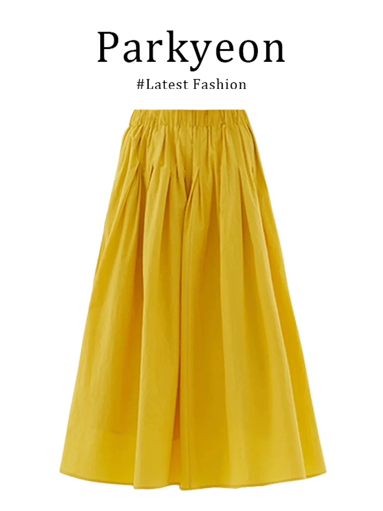 Yellow A-Line Midi Skirt Spring Autumn High Waist Elastic Pleated Flared Universal Size Women's Fashion Low Waist Design