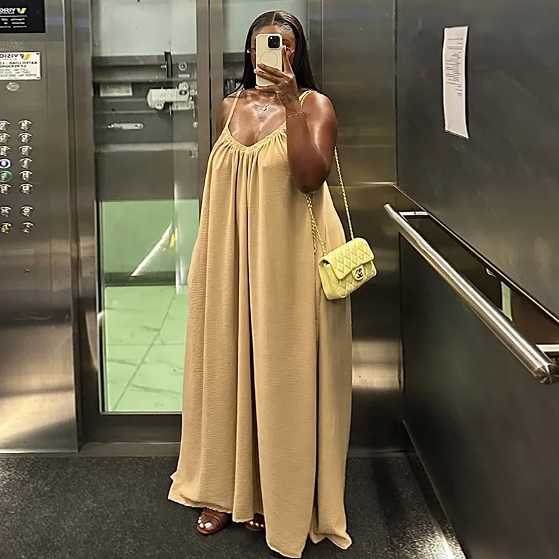 

Women's Summer 2026 Casual V-neck Long Dress Loose Strap Skirt Solid Color New Style