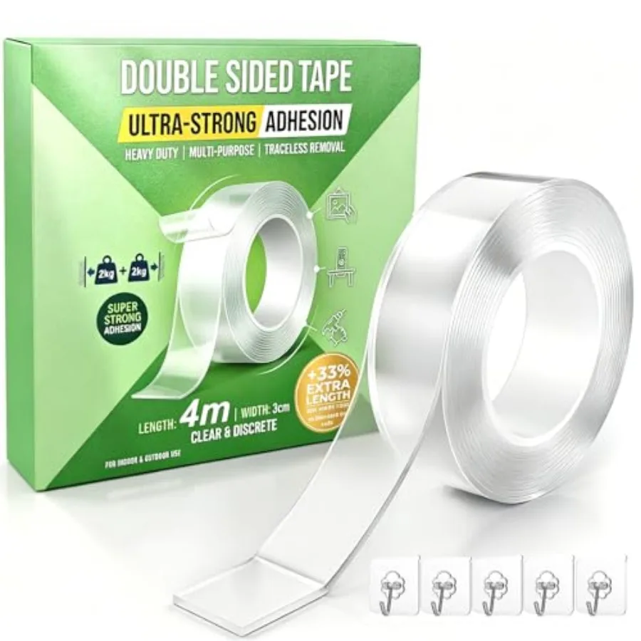 

Double Sided Tape Heavy Duty, Nano Double Sided Adhesive Tape, Tape with Bonus Hooks, Clear Mounting Tape Picture Hanging Adhes