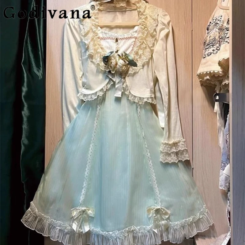 

Женское японское милое платье с бантом, кардиган, комплект из двух предметов, осень 2022, милое платье в стиле Лолиты, женские милые костюмы