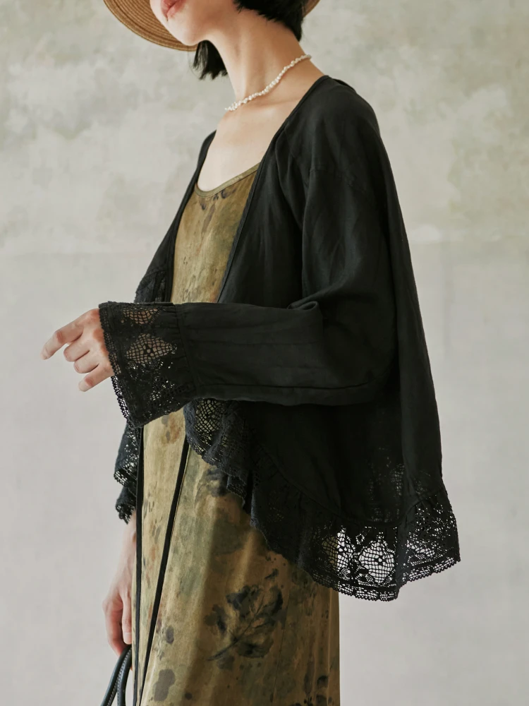 

VIMIE2025 Новая летняя коллекция: Романтический льняной кардиган с кружевной отделкой, свободный крой, V-образный вырез, открытый, укороченный топ для женщин во французском стиле, свободный крой.