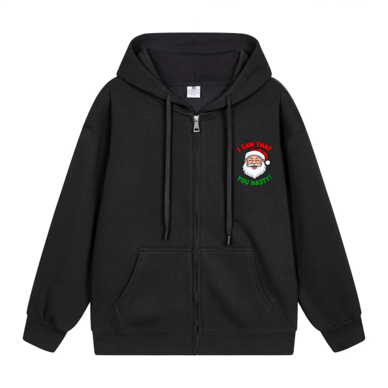 

Men's Zip-Up Hoodie Black Hoodie Black Hoodie With Santa Claus And Text Design Christmas in 2025 Festive Print