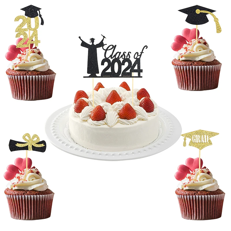 

1/4/5pcs Bachelor Cap Class of 2024 Paper Cupcake Cake Toppers Student College Graduation Party Decoration Dessert Cake Supplies