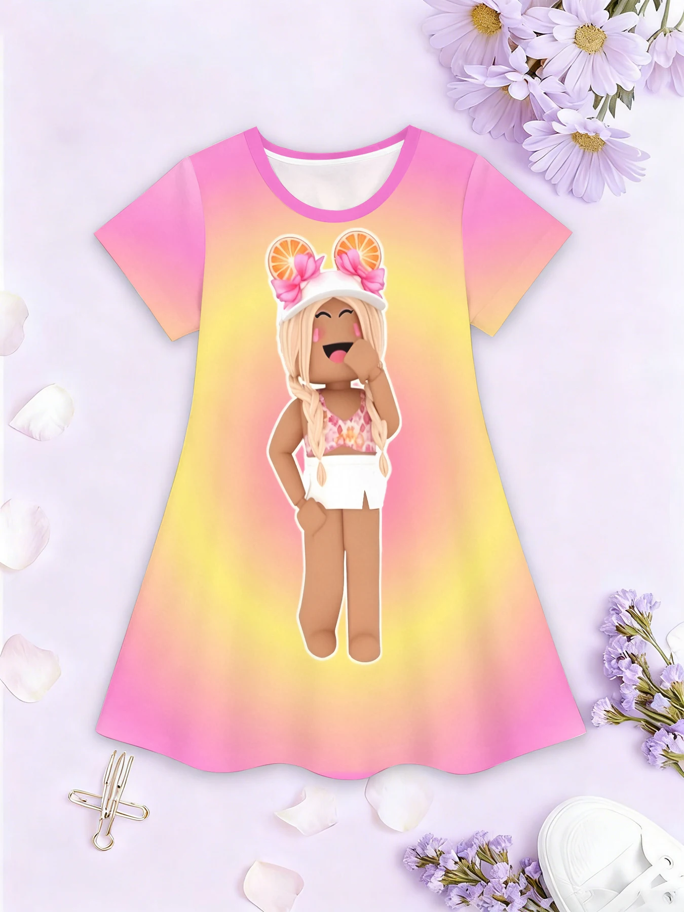 Mädchen-Kleid mit 3D-Motiv, Rundhalsausschnitt und A-Linien-Schnitt, Anime-Mädchen-Mecha-Design, rosa Farbblock-Print, ideal für Partys und als Geburtstagsgeschenk. – Detail 4