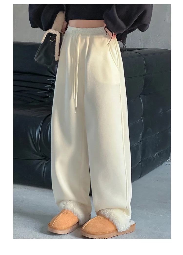 Girls Alpaca Casual Pants 2024 Winter New Style Plus Fleece Thick Loose Straight Leg Long Pants Korean Simple Style Trousers