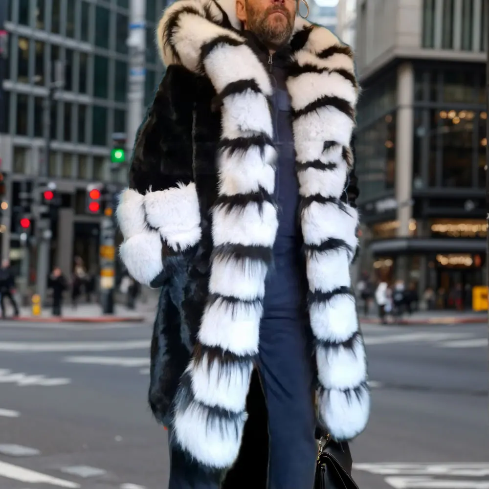 Winter Mens Real Rex Rabbit Fur Coats with Fox&Mink Fur Trim Thick Hood Warm Overcoat Fashion Natural Fur Thick Long Jacket