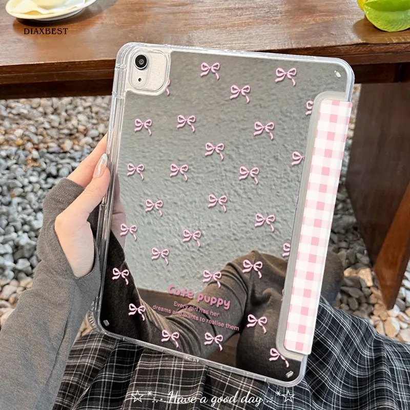 Korean Pink Bow Mirror New Tablet Case For iPad Pro 11 12.9in 13 M4 9.7 10.2 5/6th 7/8/9 10 11th MINI 6 7 Air 5 6 7 Trifold Case