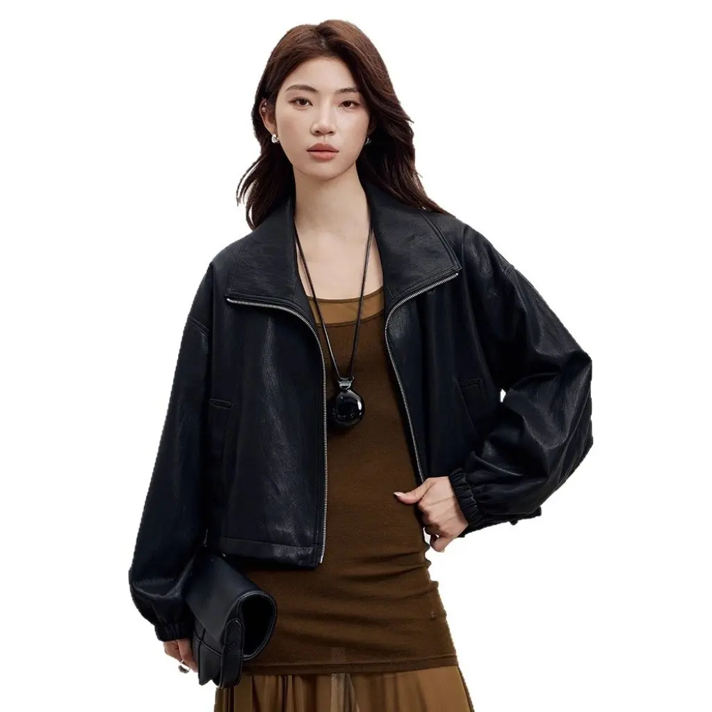 Chaqueta corta de cuero de estilo americano para chica moderna, Abrigo acolchado en miniatura con cuello levantado a la moda para mujer, recién llegado de otoño