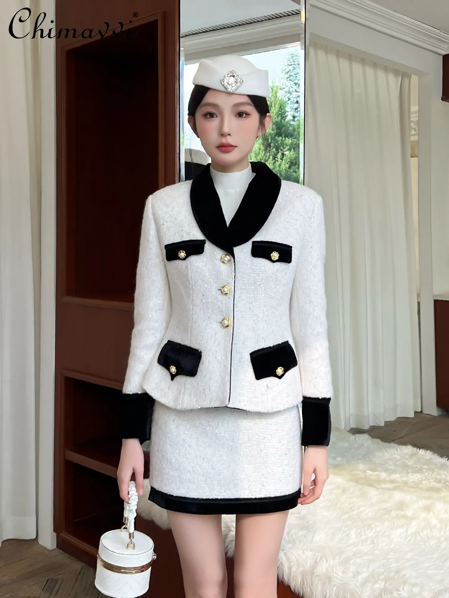 

High-End White V-Neck Pearl Button Elegant Womens Suit Spring Autumn New Fashion Velvet Black Edge Tweed Jacket Skirt 2Piece Set