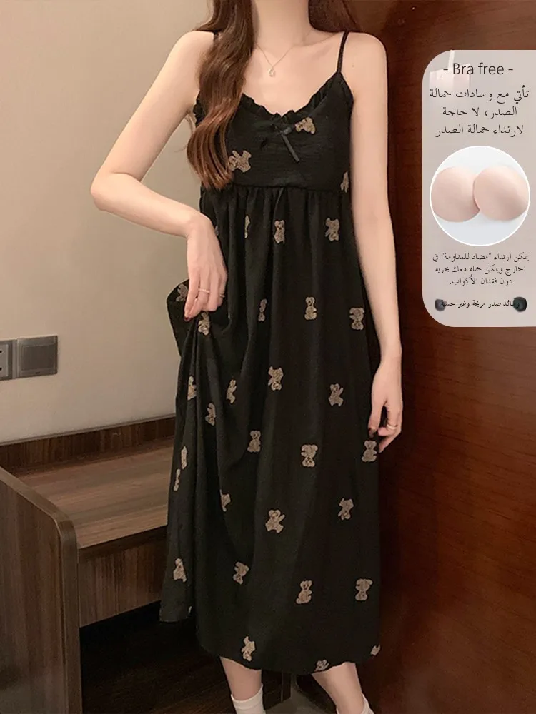 

Cloud Cotton Sp Dr Women's Summer New Sle Cute Thin Home Clothes with Chest Pad Retro Print Spwear V-Ne Long Sve