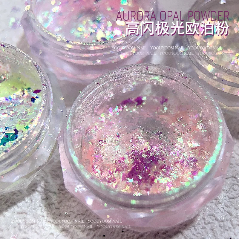 Polvo de lentejuelas para uñas, Ópalo Aurora, degradado ultrafino, cristal de hielo, nube de ensueño, polvo de brocado, polvo de Mica, decoración de uñas DIY, 1 caja