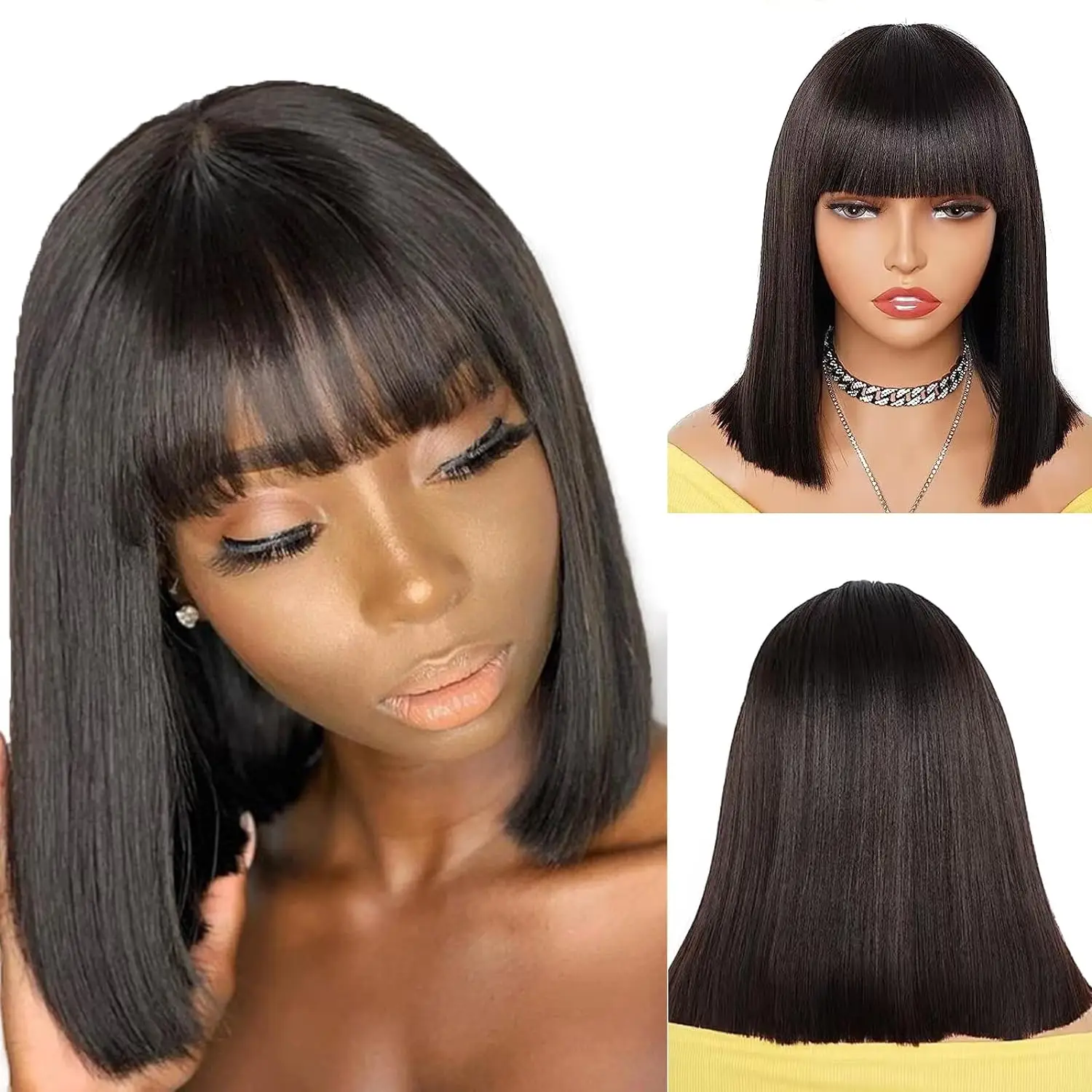 Short Straight Bob Wig 8-16inch Human Hair Wig Straight Bob Wig With Bangs Wear Go Machine Made 100% Human Wigs for Women