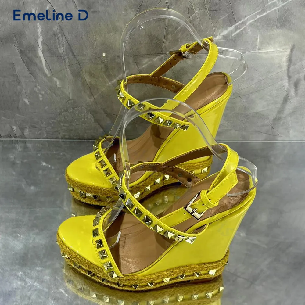 Yellow Studded One-Strap Espadrille Sandals with Round Toe Wedge Heels and High Heels Trendy Casual and Elegant Women's Shoes