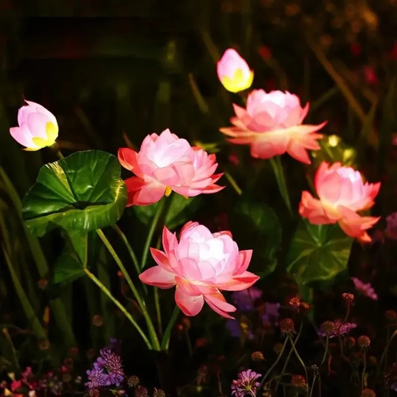 Solar LED Three Head Lotus Lantern Courtyard Lawn Terrace Park Square Landscape Decoration Outdoor Garden Floor Plug in Light