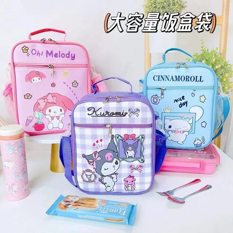 

2024 Sanrio Hello Kitty Kuromi Cross-Body Portable Lunch Box Bag Girl Heart Cute Cartoon My Melody Large Capacity Zipper Bag Toy