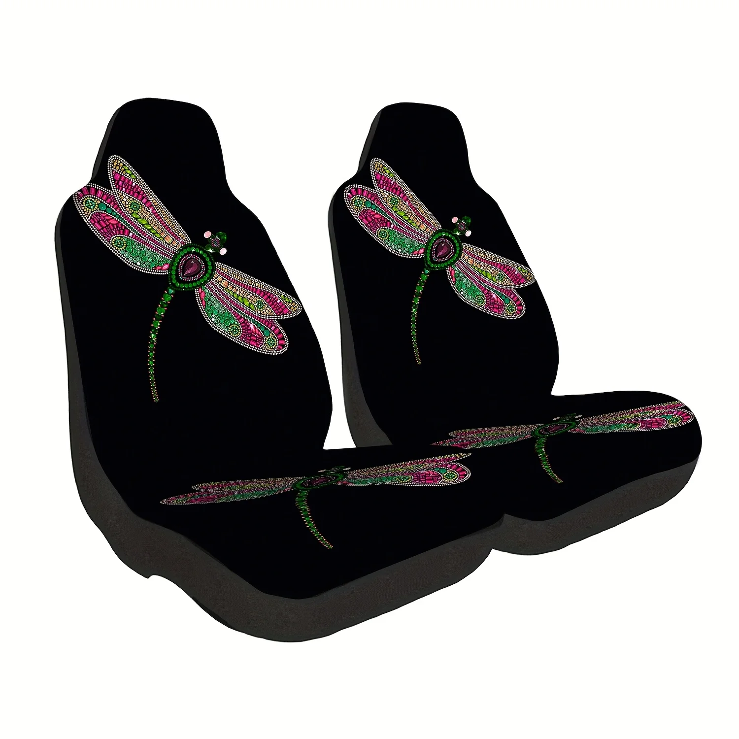2pcs Synthetic Gemstone Dragonfly Pattern Car Seat Covers Compatible For Cars, Trucks, SUVs, Vans - Fit Front Seat Protectors, M