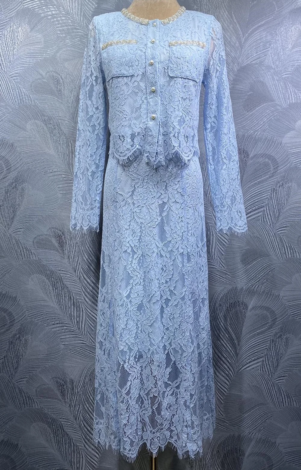 

Top Quality New Long Skirt Suits 2025 Autumn Winter Sets Women Beading Deco Long Sleeve Lace Tops+Blue Pink Long Lace Skirt Sets