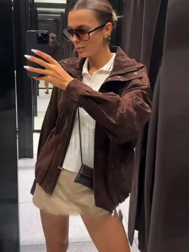 TFMLN Otoño Invierno chaquetas de gamuza para mujer moda suelta manga larga elegante abrigo cálido Chic calle ocio abrigos con cremallera