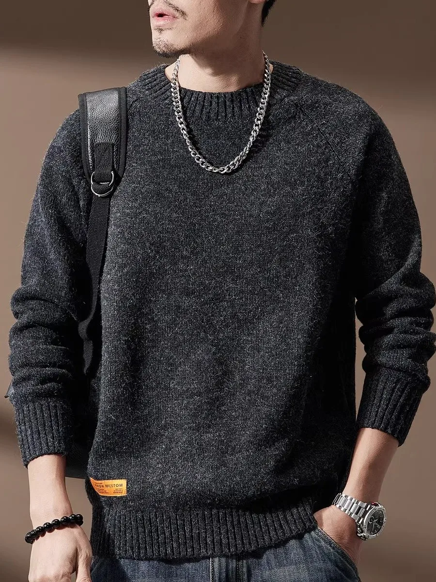 

Мужской вязаный свитер свободного кроя в американском стиле, утепленный, осенне-зимний, повседневная верхняя одежда из мягкого ацетатного волокна, с круглым вырезом, теплый