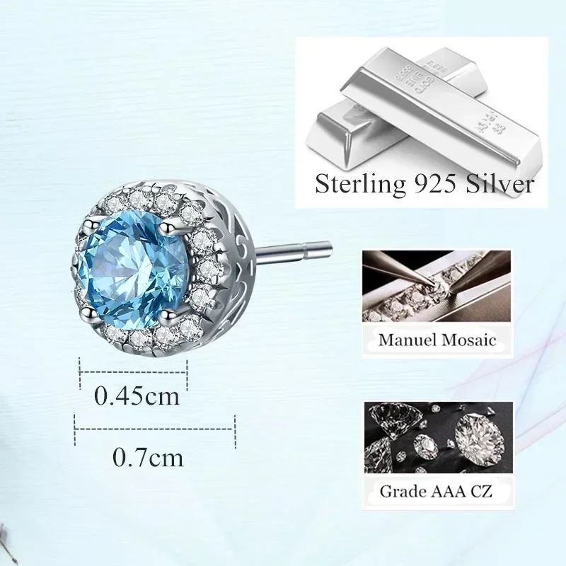 KALETINE Genuine 925 Sterling Silver Stud Earrings For Women Sea Blue CZ Clear Small Earrings Fashion Jewelry Kpop KLTE001