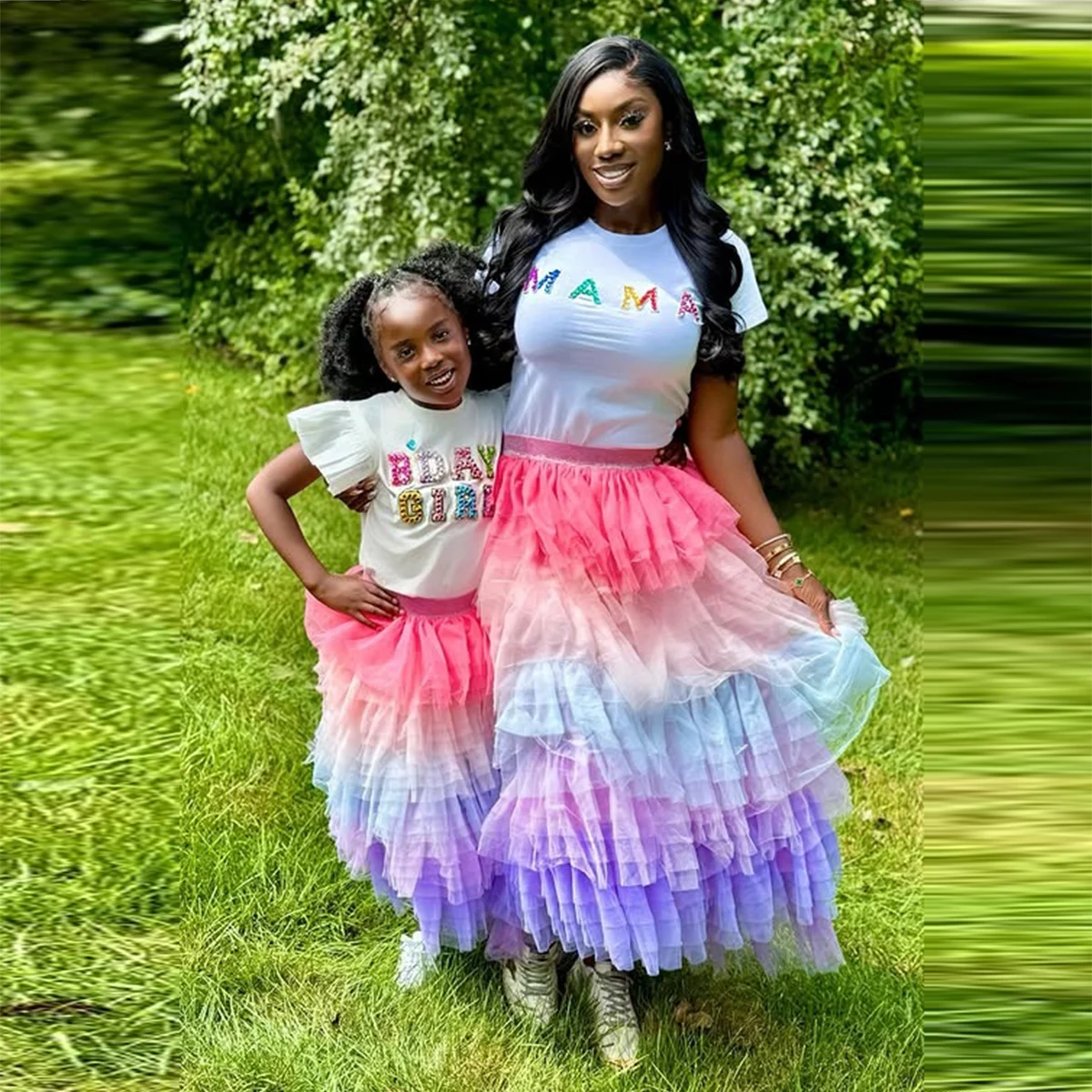 

Colorful Rainbow Tulle Skirt Mother And Daughter Elastic Waist Tiered Long Skirts Custom Color And Size Girls Party Skirt