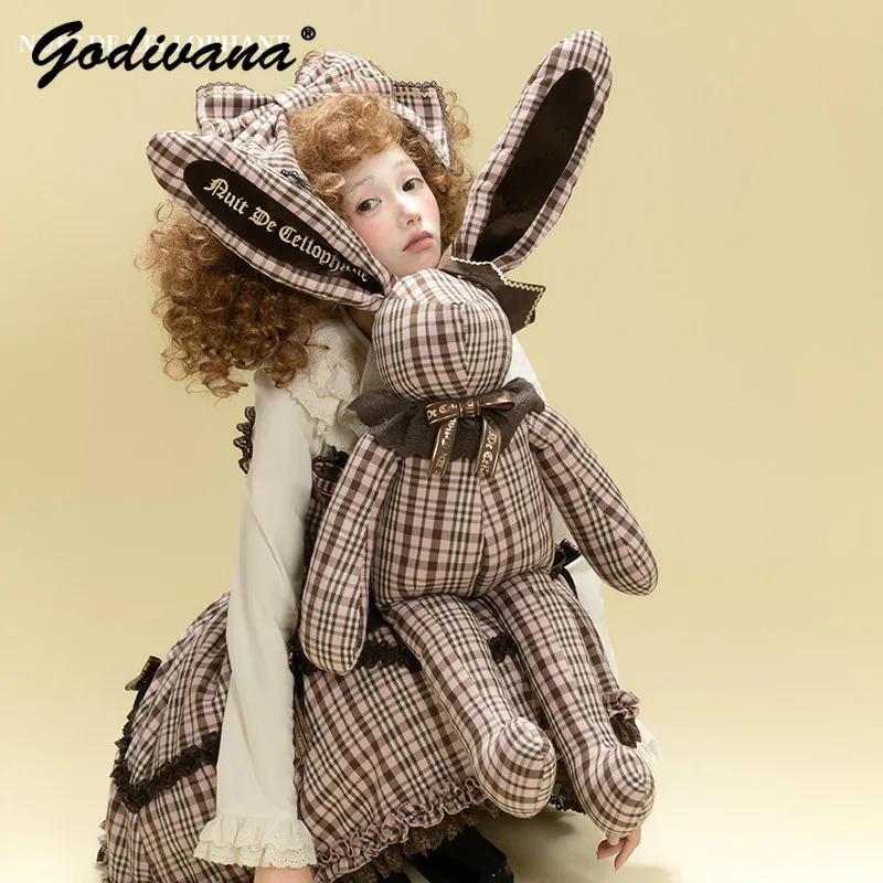 Original Retro Plaid Big Rabbit Bag Cute Lolita Plush Bunny Doll Backpack Girl Women's Kawaii Cartoon Bags