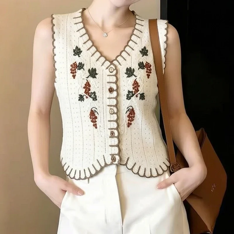 

Sheer Crochet Vest Sleeveless Button Front V-Neck Open-knit Floral Embroidery Lace Blouse Women Summer Boho Cottagecore Outfit