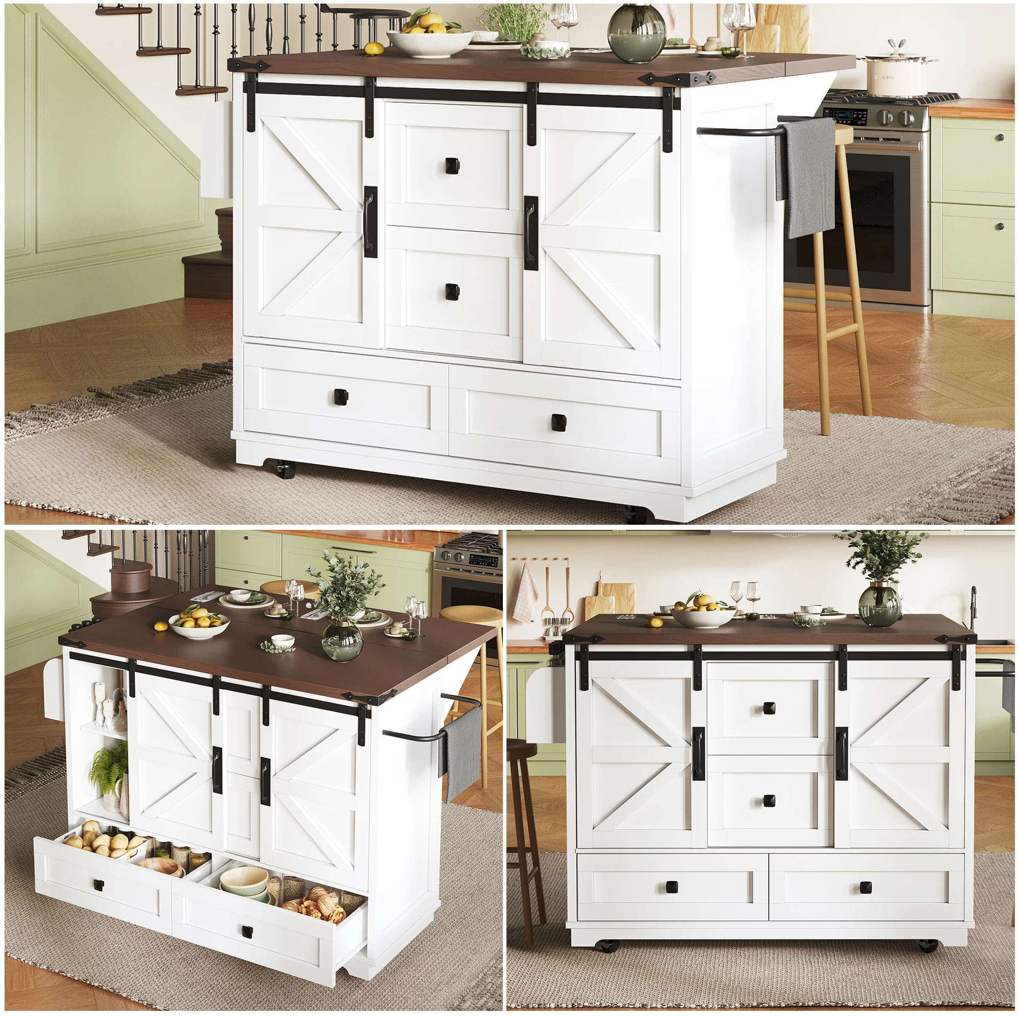 Chariot de cuisine multifonctionnel avec table rabattable, îlot de cuisine mobile, buffet, chariot de service, 3 tiroirs, 2 armoires à portes battantes, étagères réglables, hauteur 92,5 cm, largeur 142,5 cm, pour salle à manger, salon