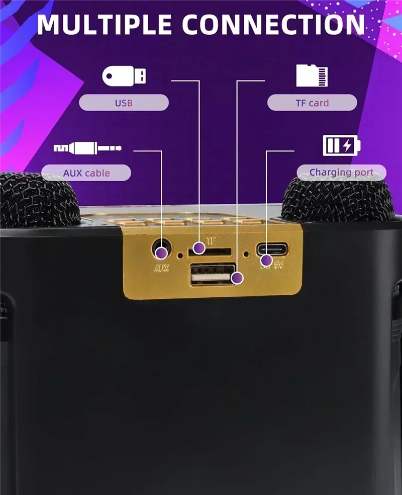 High Power Karaoke Bluetooth Speaker Portable 360 Stereo Surround Wireless Subwoofer with 2 Microphone Boombox Child Home Gift image 5