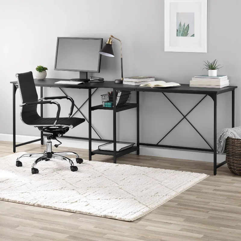 Mainstays Two-Way Convertible Desk with Lower Storage Shelf, Charcoal Finish and Black Metal Frame