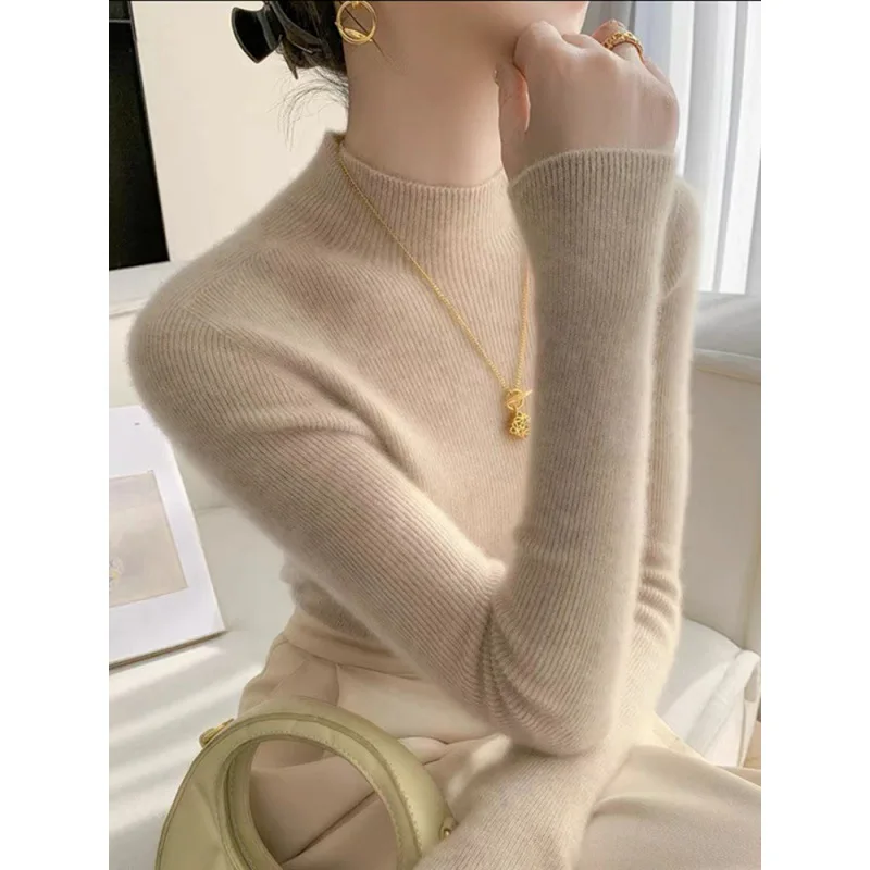 

Стильный облегающий вязаный топ с воротником-стойкой для женщин: модный, теплый, осенне-зимний, новинка, мягкий, удобный, с длинным рукавом