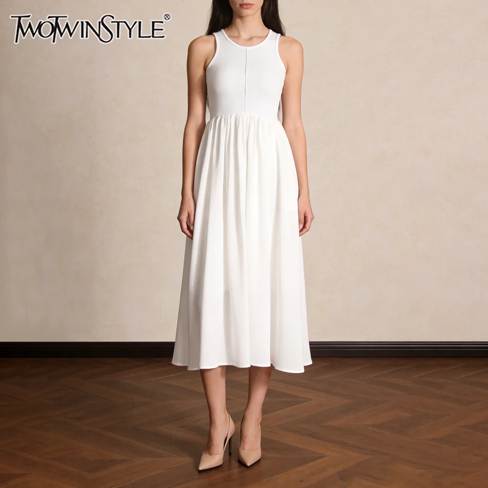TWOTWINSTYLE Solid Spliced Folds Chic Dress Female O Neck Sleeveless Loose Gentle Minimalist Women's Dresses Summer Fashion New