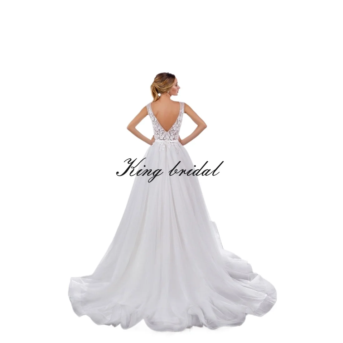 Abito da sposa linea A in pizzo floreale, abito da sposa in tulle, abito da sposa con schiena bassa, abito personalizzato ricamato con cristalli e perle