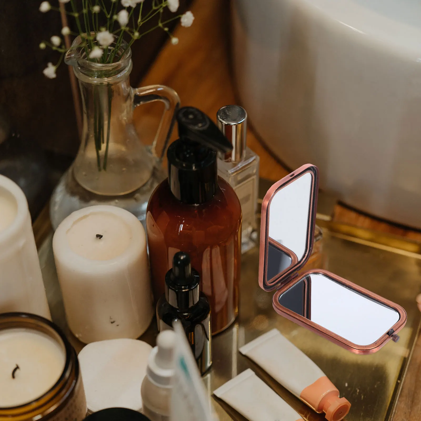 1 pezzo specchio per trucco pieghevole mini specchio portatile doppio lato design vintage riflessione chiara per regalo donna rosa