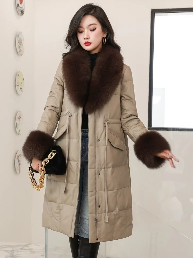 2023 New Fashion Real Sheepksin Leather Jackets Women Fox Fur Collar Female Jacket 90% White Duck Down Women's Coats F