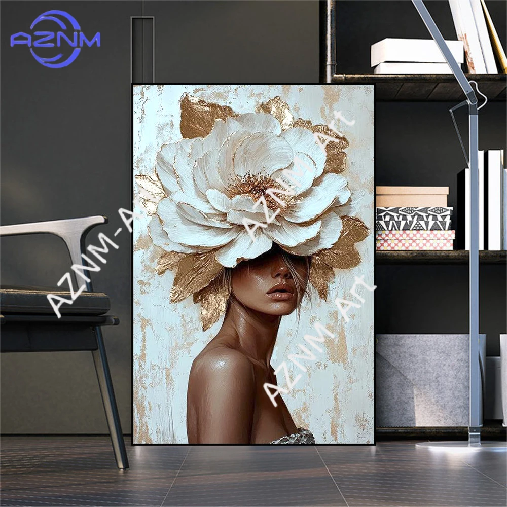 Flower on Head Prints Canvas Painting Wall Art Poster Home Bedroom Decoration Modern Woman Portrait Golden