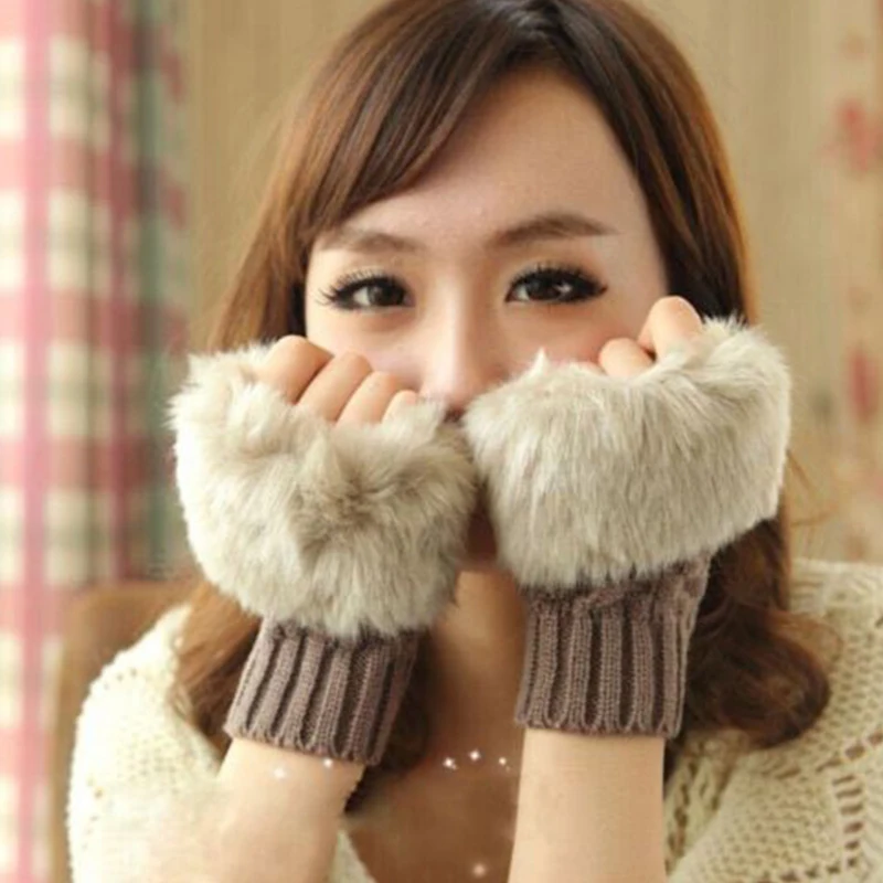 Winter Women Gloves Faux Rabbit Fur Arm Warmer Gloves Knitting Wool Mittens Fingerless Gloves Arm Wrist Sleeves Female Gift