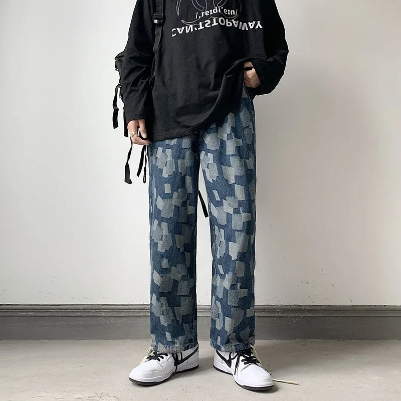 Autumn Casual Plaid Printed Straight Jeans Hombre Y2K Streetwear Denim Trousers 2024 New Retro Baggy Classic Wide Leg Jean