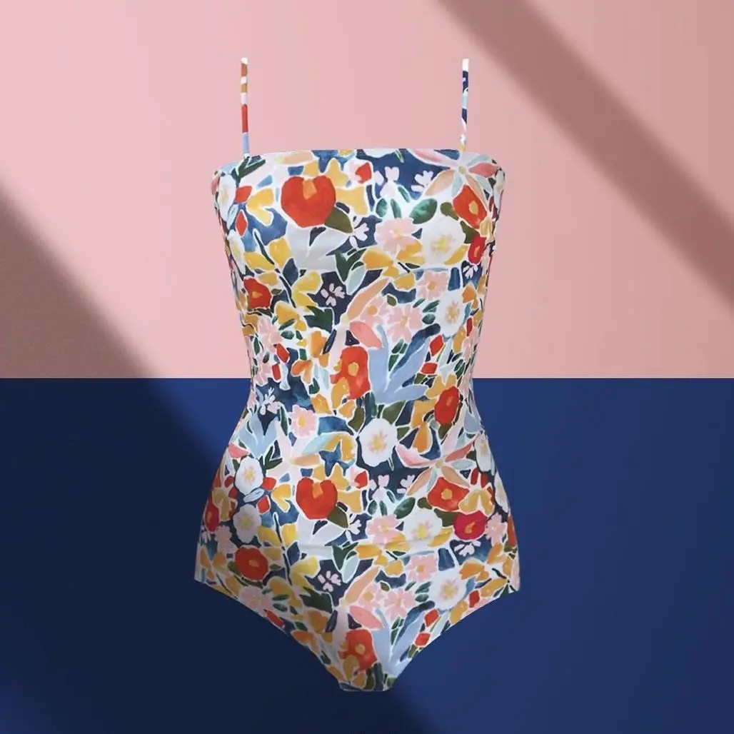 2024 Sexy Bandeau One Piece Swimsuit Women Floral Print Swimwear Female Monokini Vintage Retro Halter Bathing Suit Padded Korean