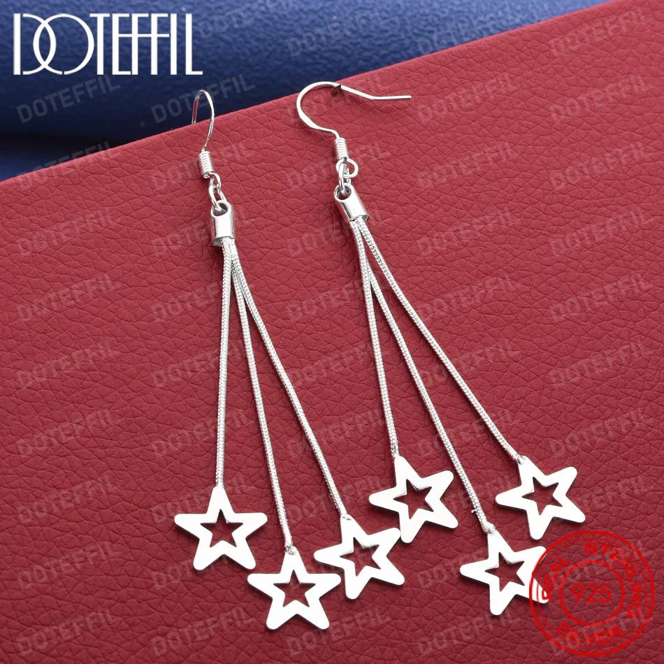 Exquisite 925 Sterling Silver Five-Pointed Star Tassel Earrings for Women, Fashionable Wedding Party Gift Jewelry