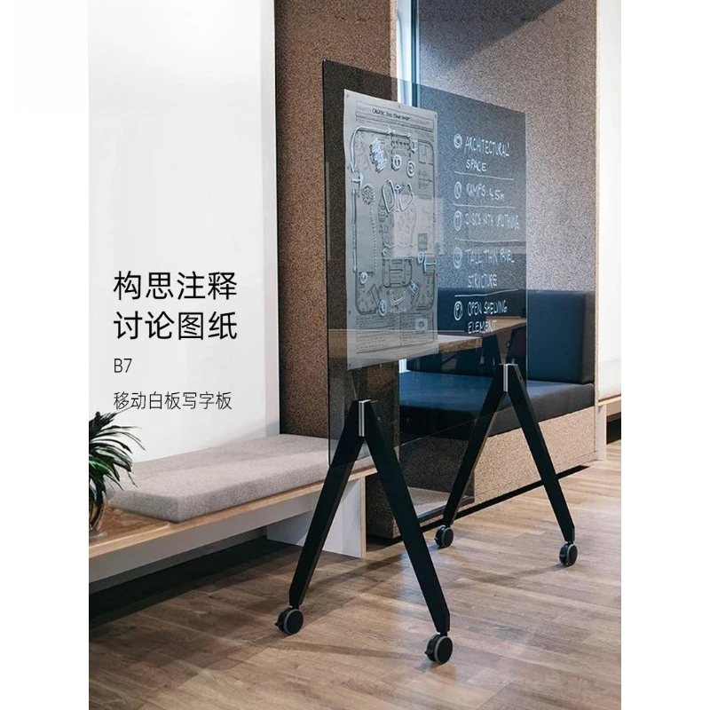 Tempered glass whiteboard writing board, office teaching and training meeting room rewritable movable large bracket type pulley