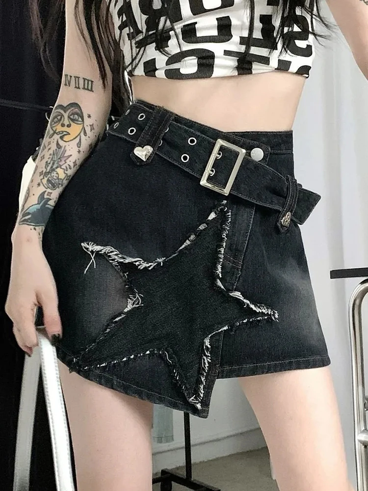 Vintage Star Y2k Denim Skirt Women High Waist Harajuku Belt Black Mini Skirt American Streetwear Retro Summer Gothic Skirt