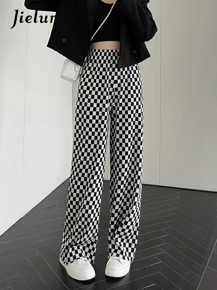 

Jielur Checkerboard Plaid Pants for Women Casual Street Hipster Black Trousers Korean Fashion Straight Wide Leg Pants XS-XL