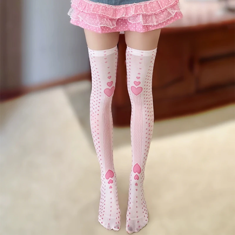 Wit Roze Hart Patroon Kawaii Harajuku Kousen Vrouwen Leuke Kousen Over Knie Hoge Sokken voor Meisje Zoete Fluwelen Lange Sokken