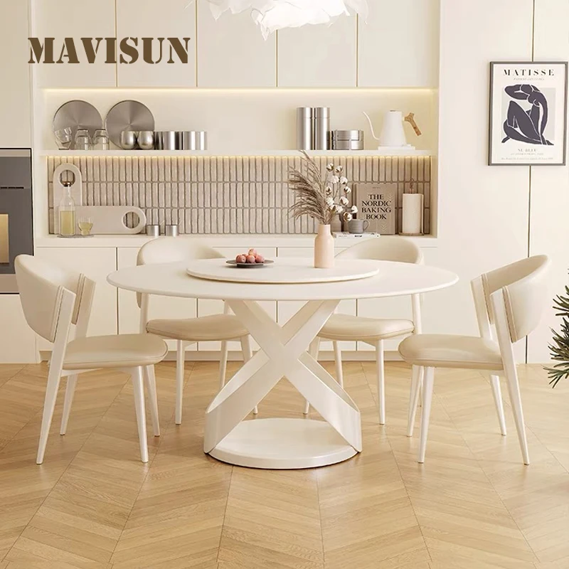Cream Style Round Dining Table And Chair White Household Furniture Kitchen Table Rock Slab Desktop Dining Table With Turntable
